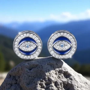 Pendientes de plata 925 con diseño ojo turco y circonias azules de alta joyería Balearyc