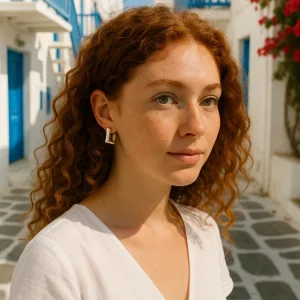 Modelo luciendo pendientes de plata 925 con diseño cuadrado minimalista Balearyc