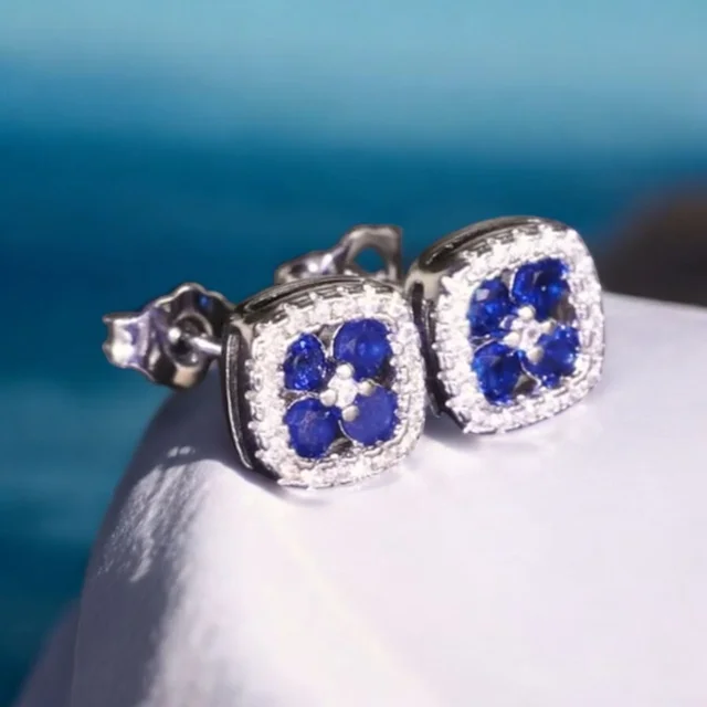 Pendientes de plata 925 con diseño cuadrado y circonitas azul zafiro Balearyc