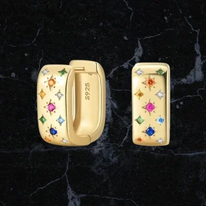 Pendientes de aro chapados en oro de 18K con circonitas multicolor – Balearyc