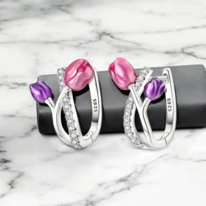 Pendientes de plata 925 con flores y circonitas morado y rosa