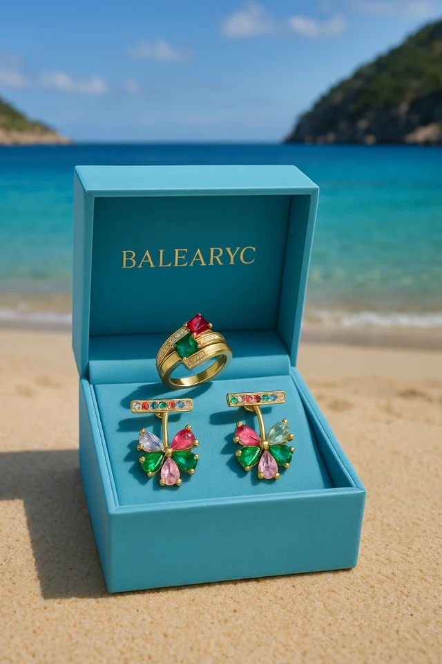 Conjunto BALEARIC anillo ajustable y pendientes con piedras de colores – Balearyc