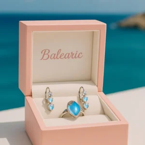 Anillo y pendientes BALEARYC de plata con piedra lunar azul