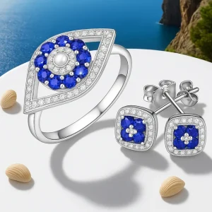 Conjunto Ojo Turco en plata azul con anillo y pendientes BALEARYC