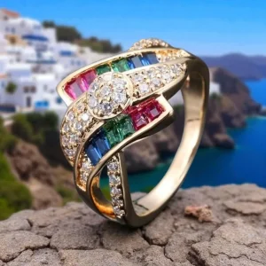 Anillo oro multicolor con circonitas, diseño elegante