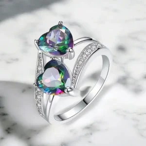 Anillo 2 corazones multicolor plata