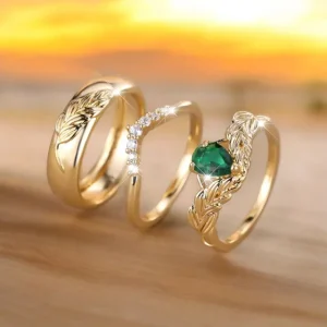 Juego de 3 anillos chapados en oro 18k con circonitas y piedra verde – Joyería Balearyc
