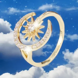 Anillo dorado con diseño de sol y luna ajustable chapado en oro 18K