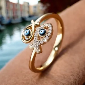 Anillo dorado con ojo turco azul y diseño de peces, chapado en oro 18k, ajustable