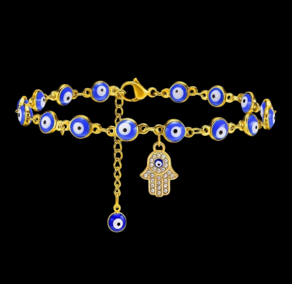 Tobillera dorada ojo turco con Mano de Fátima lucida en la playa – Balearyc
