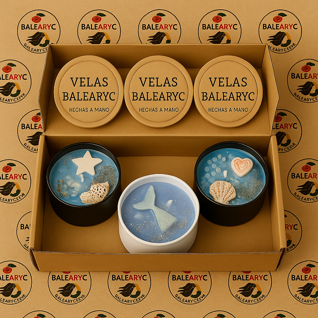 Caja de 3 velas Balearyc artesanales hechas a mano con diseños mediterráneos.