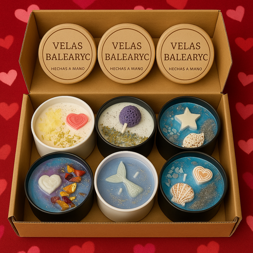 Caja de 6 velas Balearyc artesanales hechas a mano con diseños mediterráneos