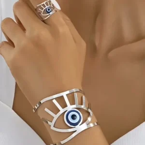 Set de brazalete y anillo plateados con diseño ojo turco – Balearyc