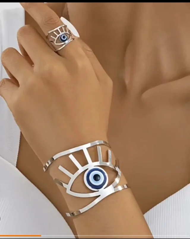 Set de brazalete y anillo plateados con diseño ojo turco – Balearyc