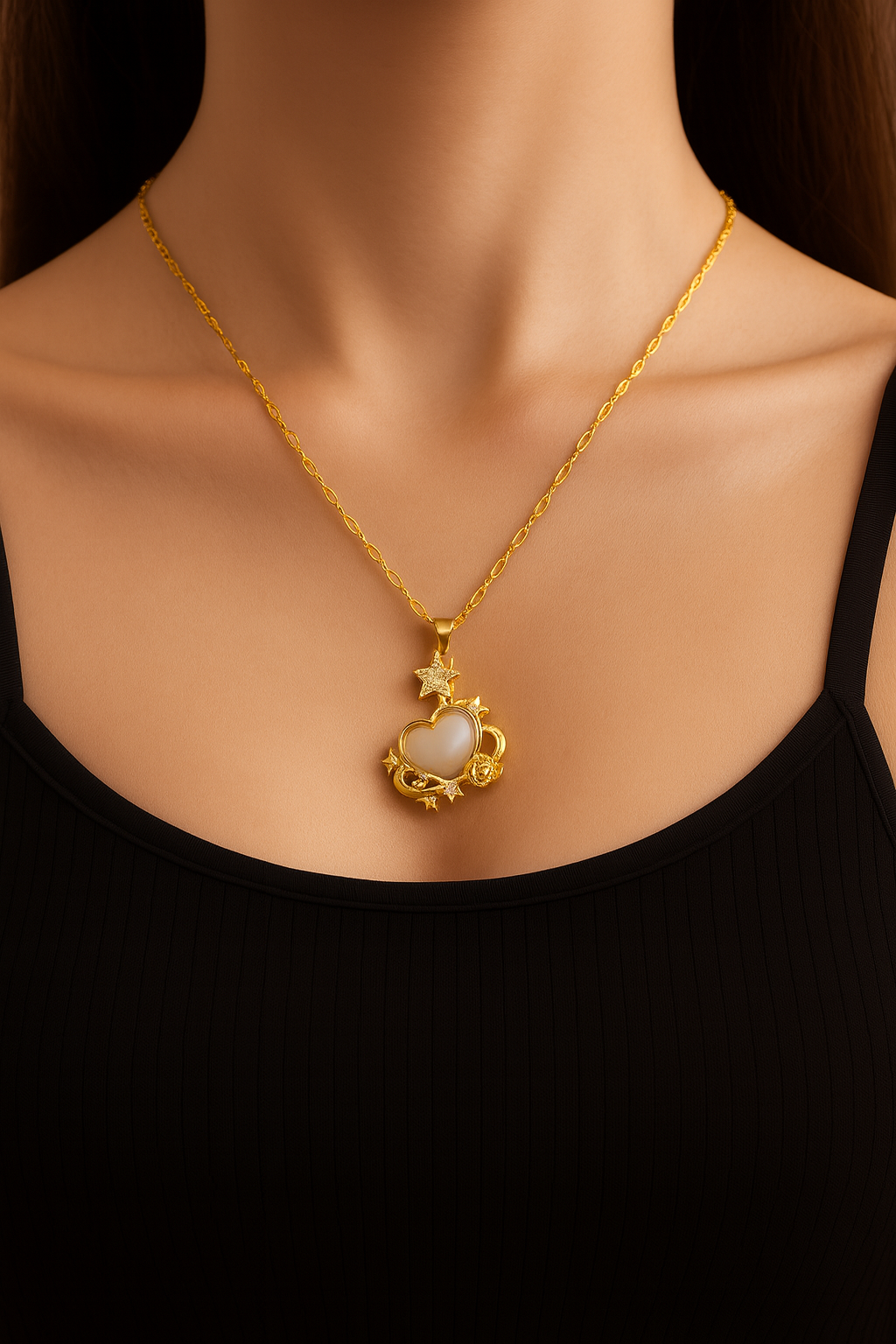 Colgante dorado con corazón de nácar y estrellas lucido por modelo Balearyc