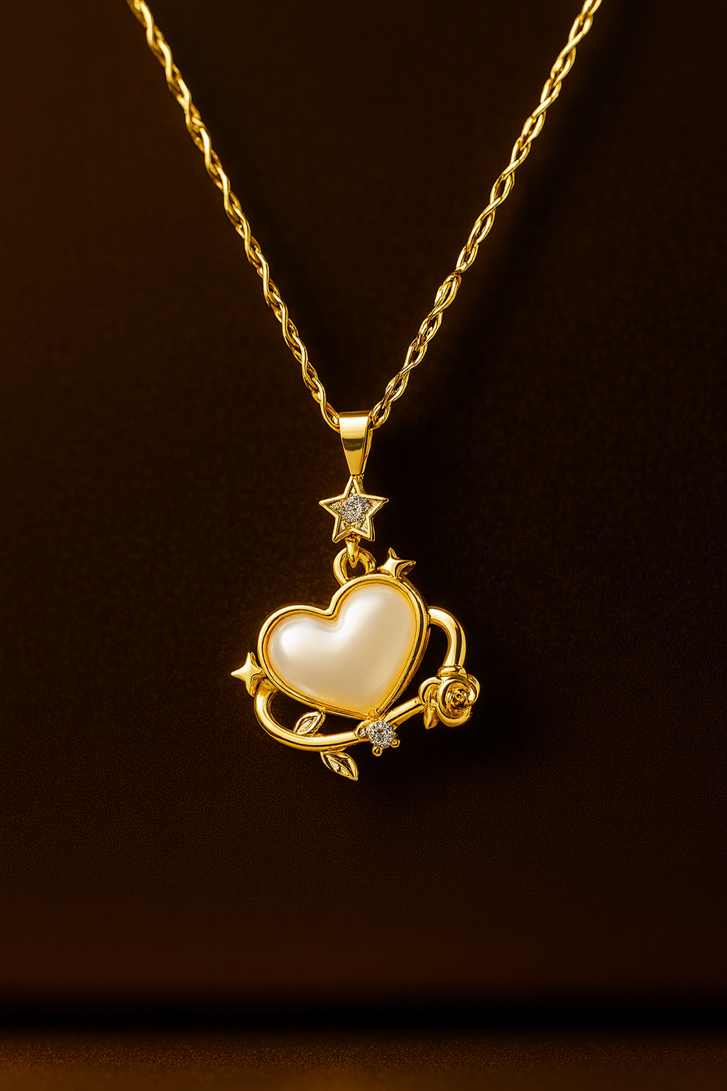 Colgante dorado con corazón de nácar y estrellas sobre fondo premium Balearyc