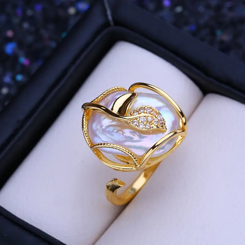 Anillo Perla Dorada Mar de Ibiza Balearyc con hoja de circonitas