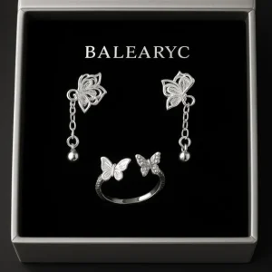Conjunto de plata 925 con pendientes y anillo de mariposa en caja Balearyc