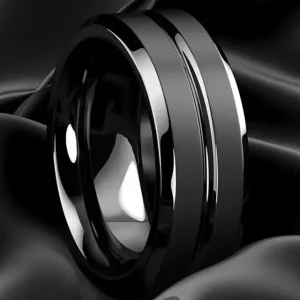 Anillo de hombre negro y plateado Balearyc con acabado pulido